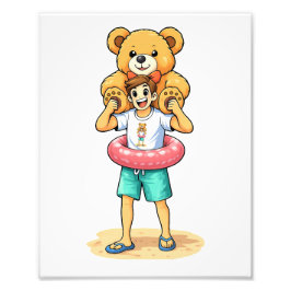Cute Cartoon Man with Giant Teddy Bear Summer Fun Foto Afdruk