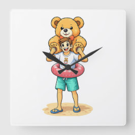 Cute Cartoon Man with Giant Teddy Bear Summer Fun Vierkante Klok