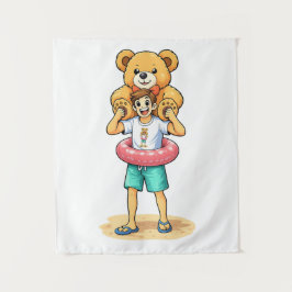 Cute Cartoon Man with Giant Teddy Bear Summer Fun Wandkleed