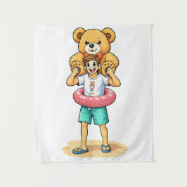 Cute Cartoon Man with Giant Teddy Bear Summer Fun Wandkleed