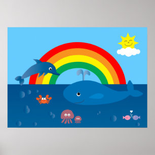 Cute Cartoon Marine Life & Rainbow Custom Poster