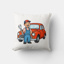 Cute Cartoon Mechanic with Red Car Illustration