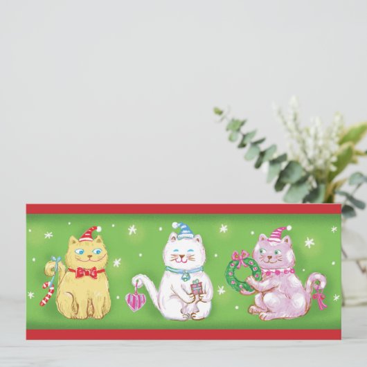 Cute Cartoon Meowy kerstkatten in Santa Hats Feestdagenkaart (Staand voorkant)