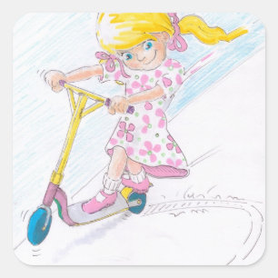 Cute Cartoon Microscooter Girl Micro Scooter Vierkante Sticker