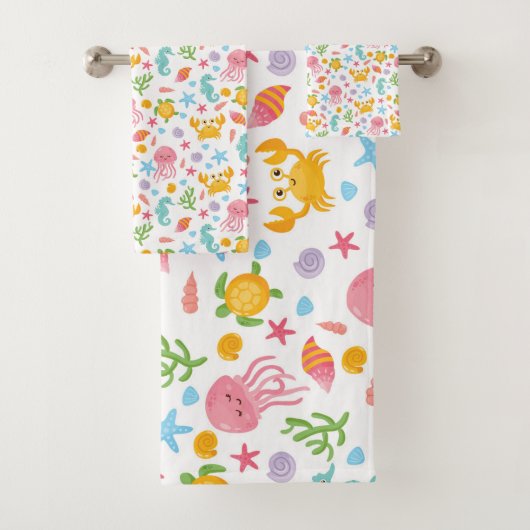 Cute Cartoon Ocean Zee Seashell, Starfish Summer Bad Handdoek (Insitu)