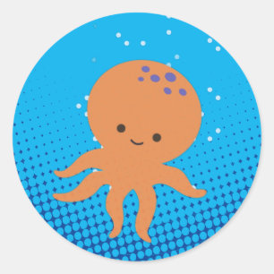 Cute Cartoon Octopus Blue Ocean Ronde Sticker
