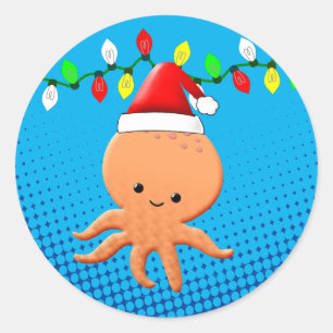 Cute Cartoon Octopus Santa Hat kerstlampjes Ronde Sticker