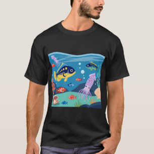 Cute Cartoon Onderwater Oceaan Scène met Vissen en T-shirt