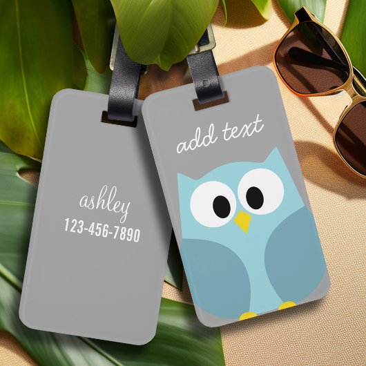 Cute Cartoon Owl - Blue and Grey Custom Name Bagagelabel