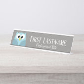 Cute Cartoon Owl - Blue and Grey Custom Name Bureau Naambordje (Voorkant)
