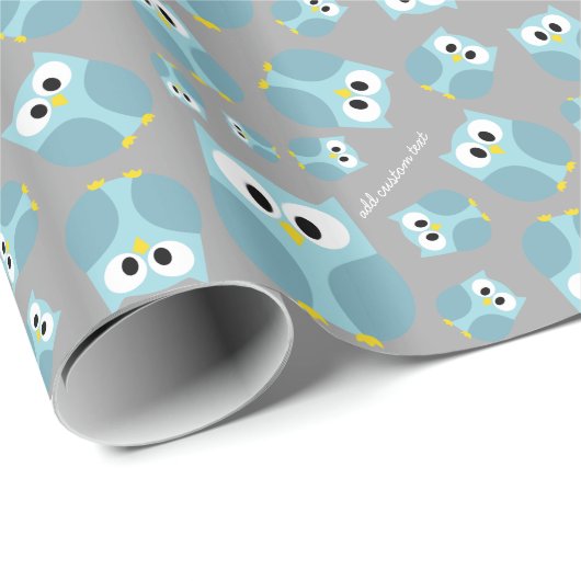 Cute Cartoon Owl - Blue and Grey Custom Name Cadeaupapier (Rol Hoek)