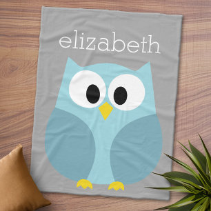 Cute Cartoon Owl - Blue and Grey Custom Name Fleece Deken