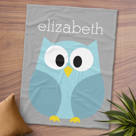 Cute Cartoon Owl - Blue and Grey Custom Name Fleece Deken