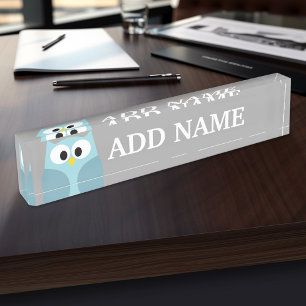 Cute Cartoon Owl - Blue and Grey Custom Name Naambordje