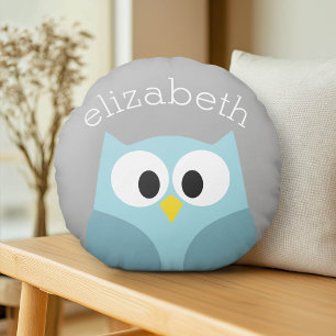 Cute Cartoon Owl - Blue and Grey Custom Name Rond Kussen