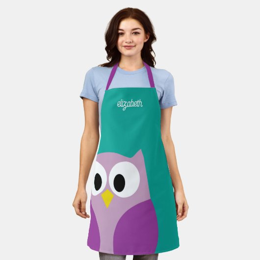 Cute Cartoon Owl met Big Eyes - Aangepaste naam Schort (Gedragen)