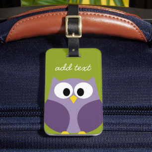 Cute Cartoon Owl Paars en Pistachio Custom Name Bagagelabel