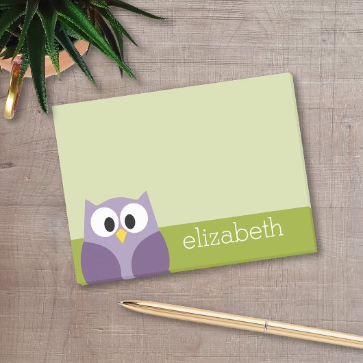 Cute Cartoon Owl Paars en Pistachio Custom Name Post-it® Notes