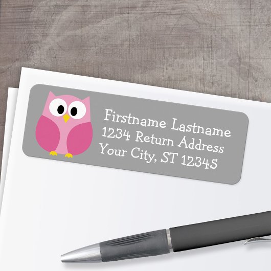 Cute Cartoon Owl - Roze en grijze aangepaste naam Etiket