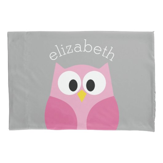 Cute Cartoon Owl - Roze en grijze aangepaste naam Kussensloop (Voorkant)
