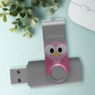 Cute Cartoon Owl - Roze en grijze aangepaste naam Swivel USB 2.0 Stick