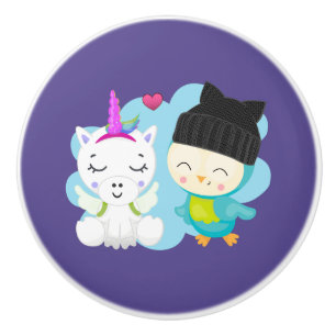 Cute Cartoon Pals - Happy Unicorn & Bird Keramische Knop