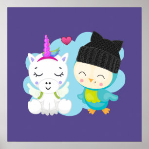 Cute Cartoon Pals - Happy Unicorn & Bird Poster