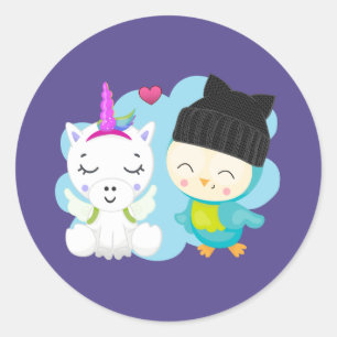 Cute Cartoon Pals - Happy Unicorn & Bird Ronde Sticker