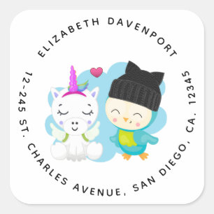 Cute Cartoon Pals - Happy Unicorn & Bird Vierkante Sticker