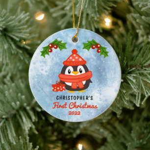 Cute Cartoon Penguin Baby's eerste kerstfoto Keramisch Ornament