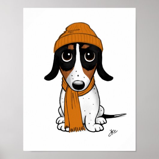 Cute Cartoon Piebald Dachshund met Beanie Poster (Voorkant)