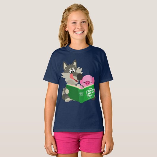 Cute Cartoon pig en Wolf die kinderen T-shirt lees (Voorkant volledig)