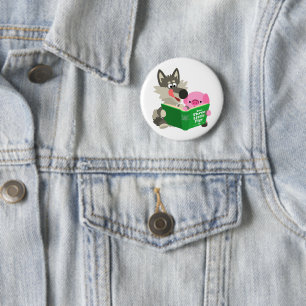 Cute Cartoon Pig. en Wolf Reading Button Badge