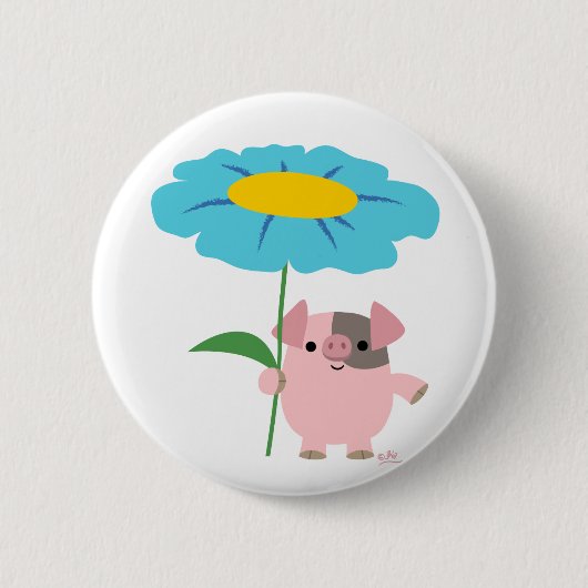 Cute Cartoon pig met Gift (blauw) Button badge (Voorkant)