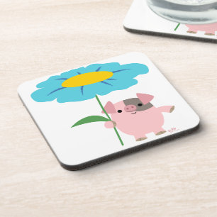 Cute Cartoon pig met Gift (blauw) Onderzetters ree