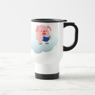 Cute Cartoon Pig Reader op Cloud Commuter Mok