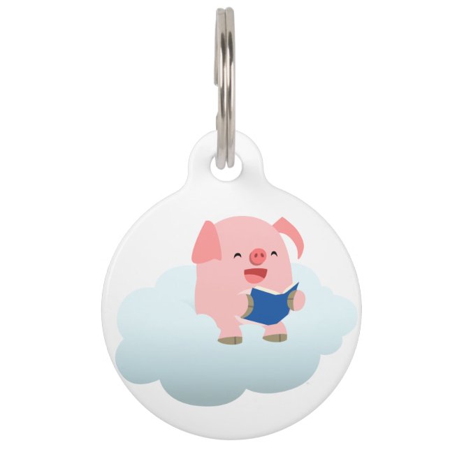 Cute Cartoon Pig Reader op Cloud Dog Label Huisdierpenning (Voorkant)