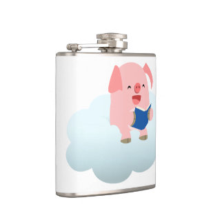 Cute Cartoon Pig Reader op Cloud Hip Flask Heupfles