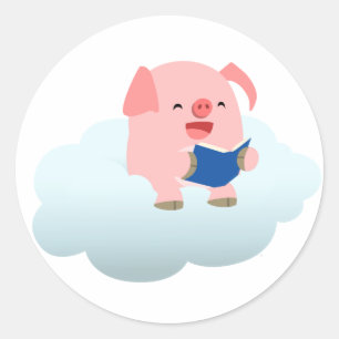 Cute Cartoon Pig Reader op Cloud Sticker