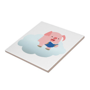 Cute Cartoon Pig Reader op Cloud Tile Tegeltje