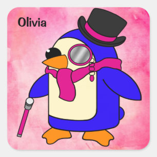 Cute cartoon pinguin bloemroze vierkante sticker