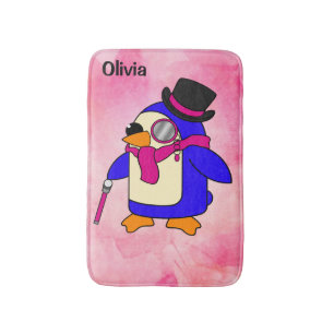 Cute cartoon pinguin flowery pastelroze badmat