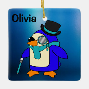 Cute cartoon pinguin frosty blue keramisch ornament