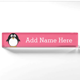 Cute Cartoon pinguin Illustratie Hot Pink Black Naambordje