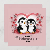 Cute Cartoon Pinguïn Liefhebbers Hartjes Valentijn Feestdagenkaart (Voorkant / Achterkant)