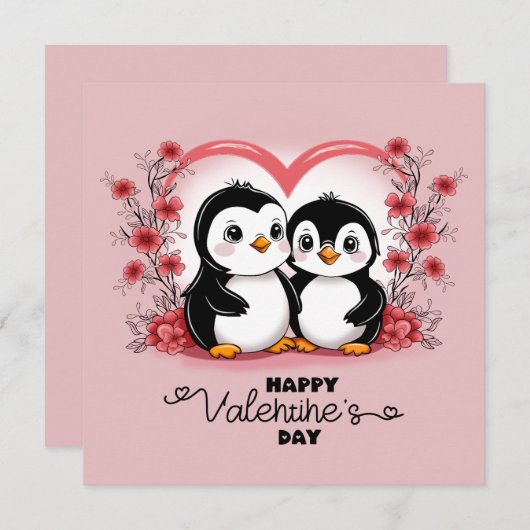 Cute Cartoon Pinguïn Liefhebbers Hartjes Valentijn Feestdagenkaart (Voorkant / Achterkant)