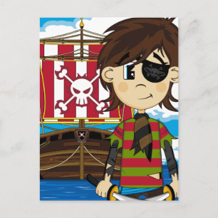 Cute Cartoon Pirate and Ship Briefkaart