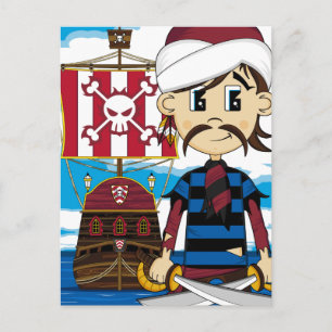 Cute Cartoon Pirate and Ship Briefkaart