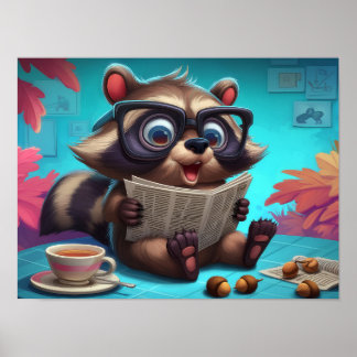 Cute Cartoon Raccoon Reading a Newspaper with Tea Poster
