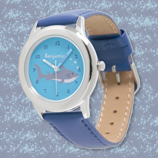 Cute Cartoon Shark Kind Blue Beginner Watch Horloge (Cute cartoon swimming shark kid watch with name . )